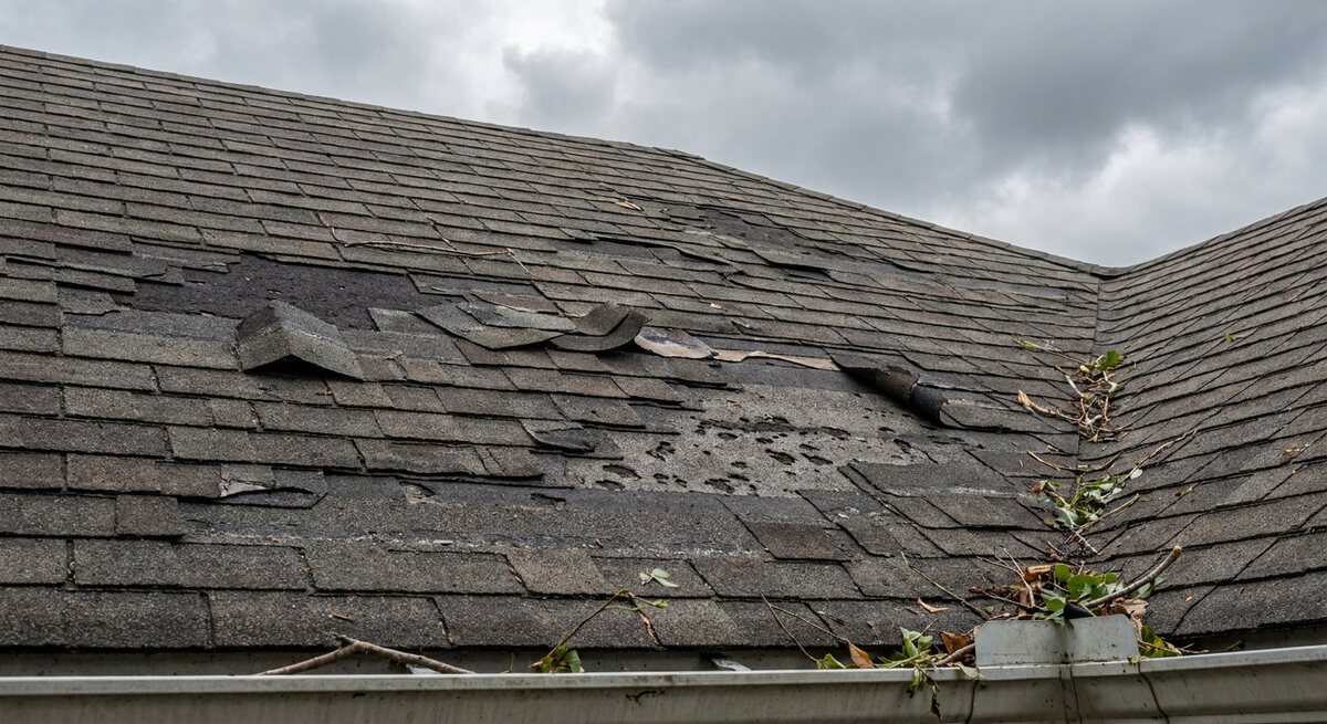Storm-damaged roof before repair